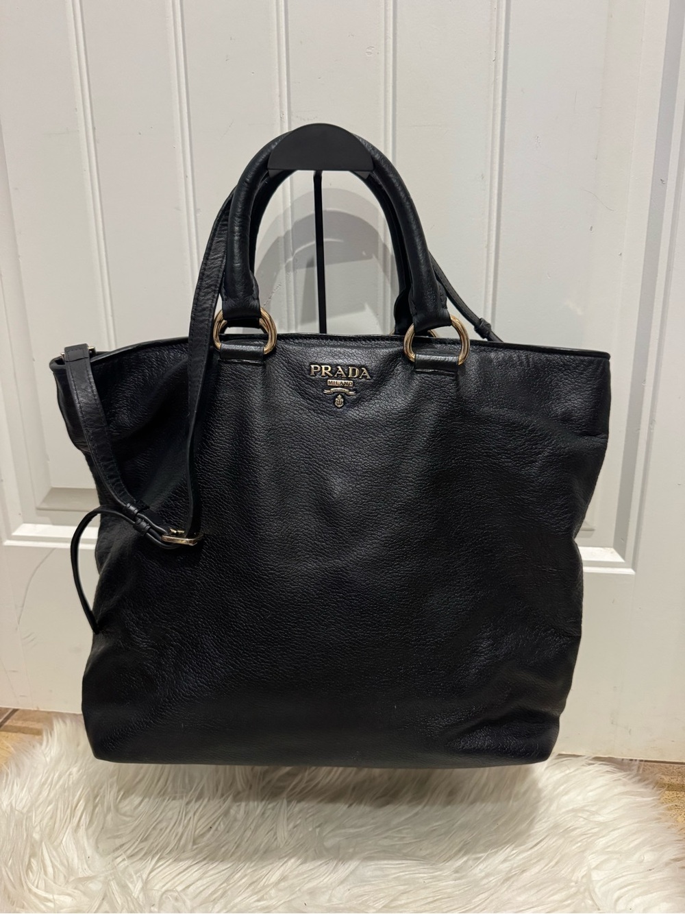 Prada Black Leather Tote with Gold-Tone Hardware
